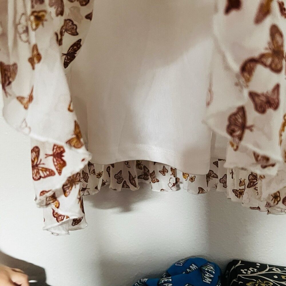 Ultra Flirt Y2K Butterfly Midi Dress Size Medium Sheer White Brown Ruffle Lined - Picture 7 of 15